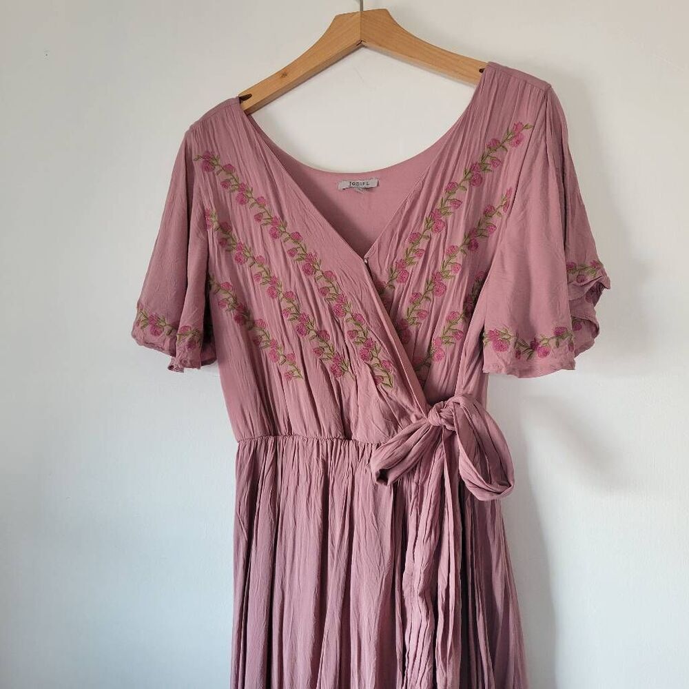 Jodifl Mauve Embroidered Faux Wrap Maxi Dress S Floral Boho Cottagecore High Low